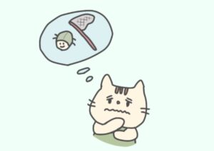 虫とりを想像して苦い表情をしている猫のイラスト