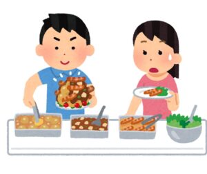 バイキングでたくさん料理をとっている男性と女性のイラスト